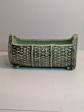 Vintage McCoy Pottery Planter Yellow Brown Footed Basket Weave Design.